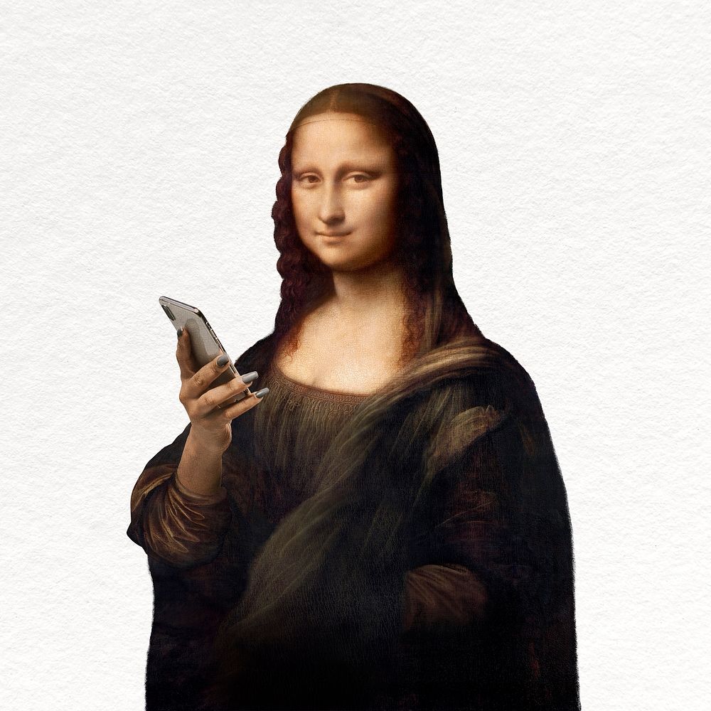 Modern Mona Lisa using phone, Da Vinci's artwork remixed by rawpixel