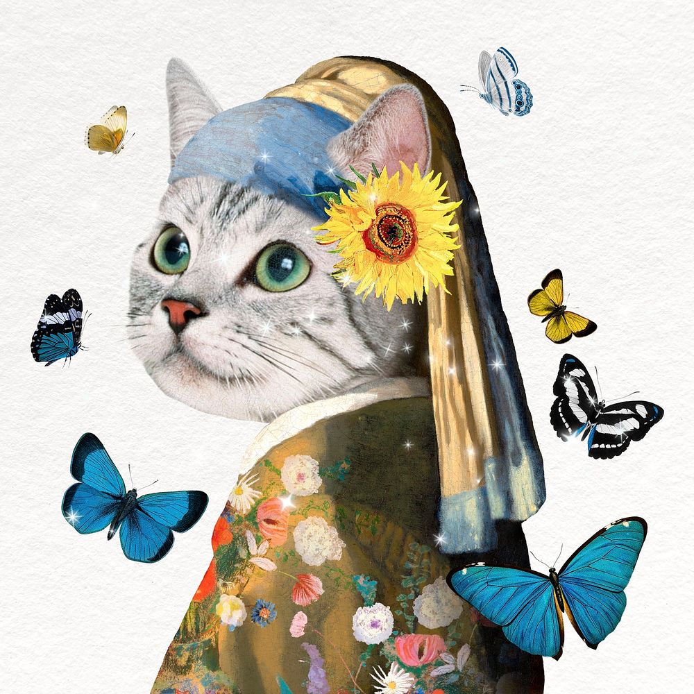 Cat head woman collage element, Johannes Vermeer's artwork remixed by rawpixel psd