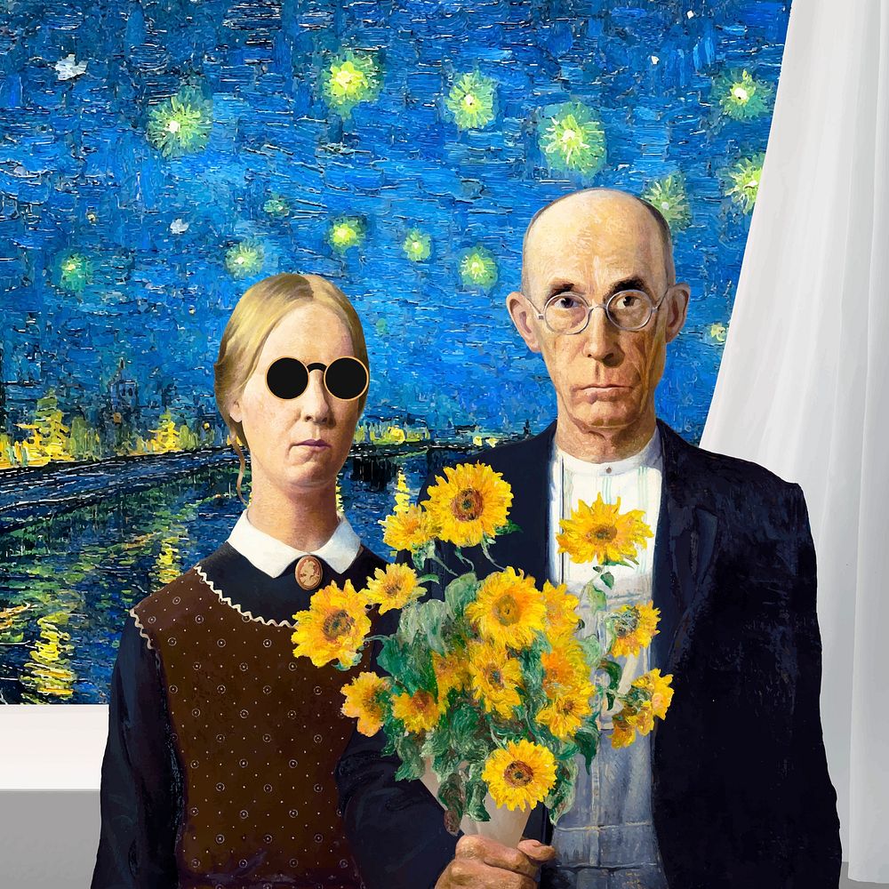 American Gothic mixed media, Grant Wood's artwork remixed by rawpixel vector