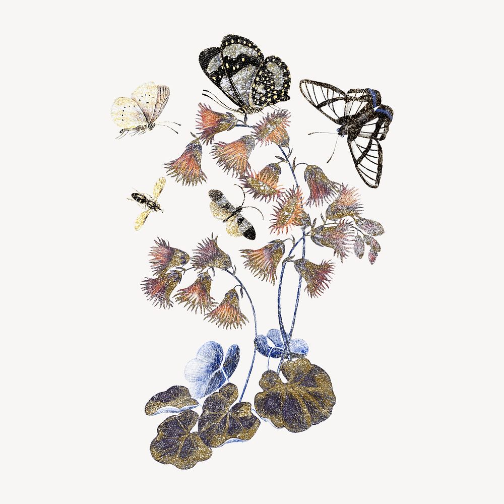 Vintage flower illustration, aesthetic butterfly graphic