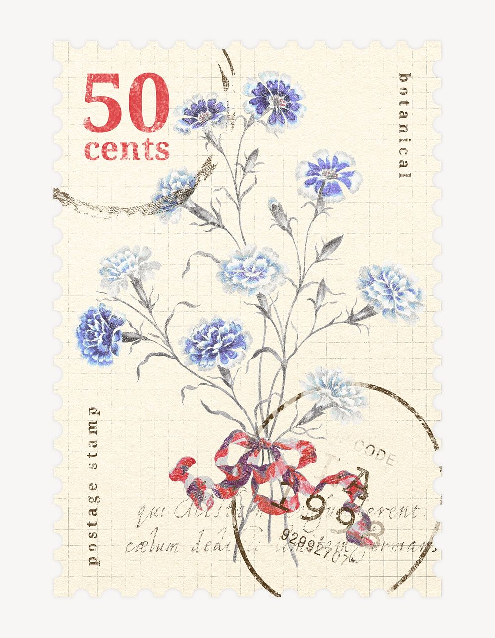 Flower postage stamp illustration, vintage graphic psd