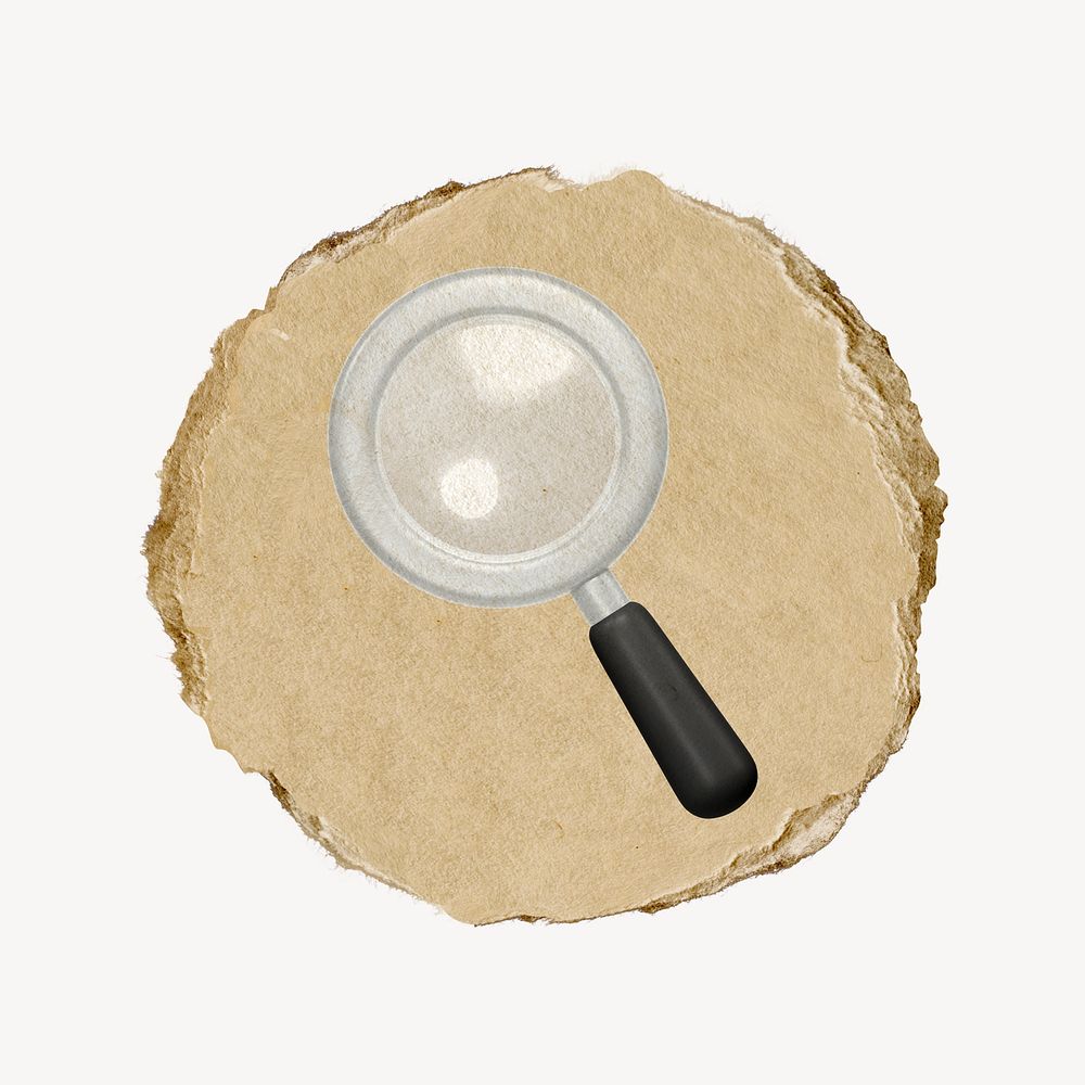 Magnifying glass icon sticker, ripped paper badge psd