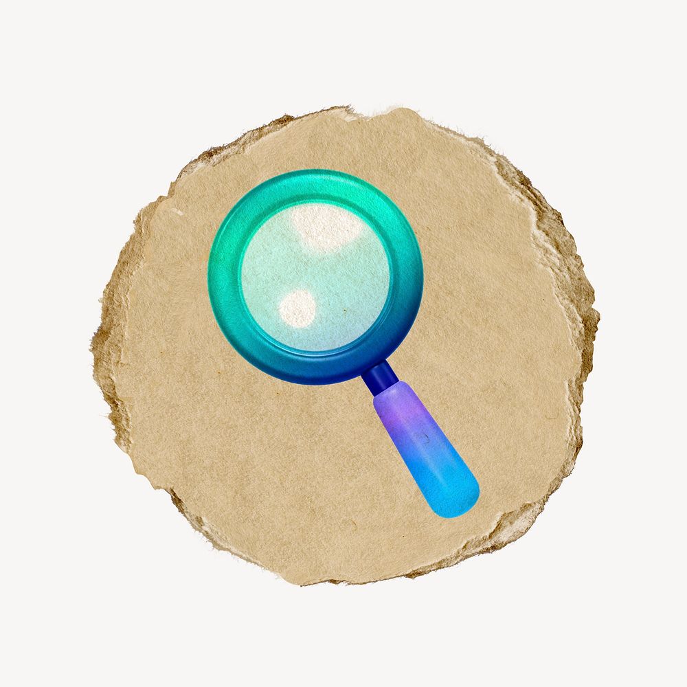 Magnifying glass icon sticker, ripped paper badge psd