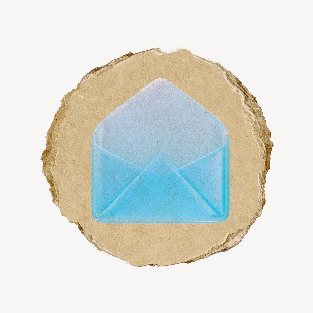 Envelope, glossy email icon sticker, ripped paper badge psd