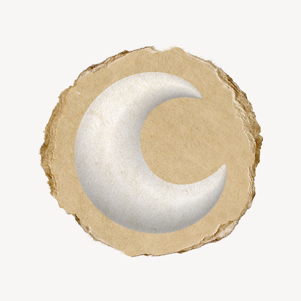 Crescent moon icon, ripped paper badge