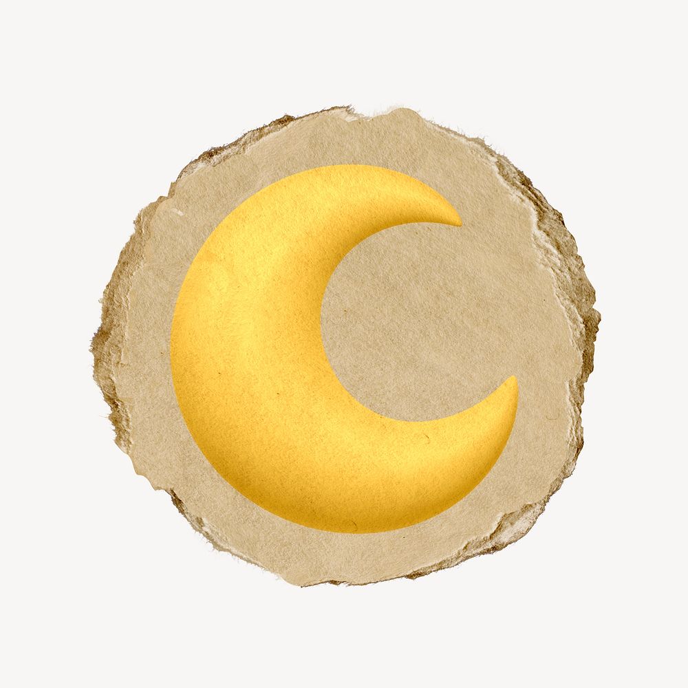 Crescent moon icon sticker, ripped paper badge psd