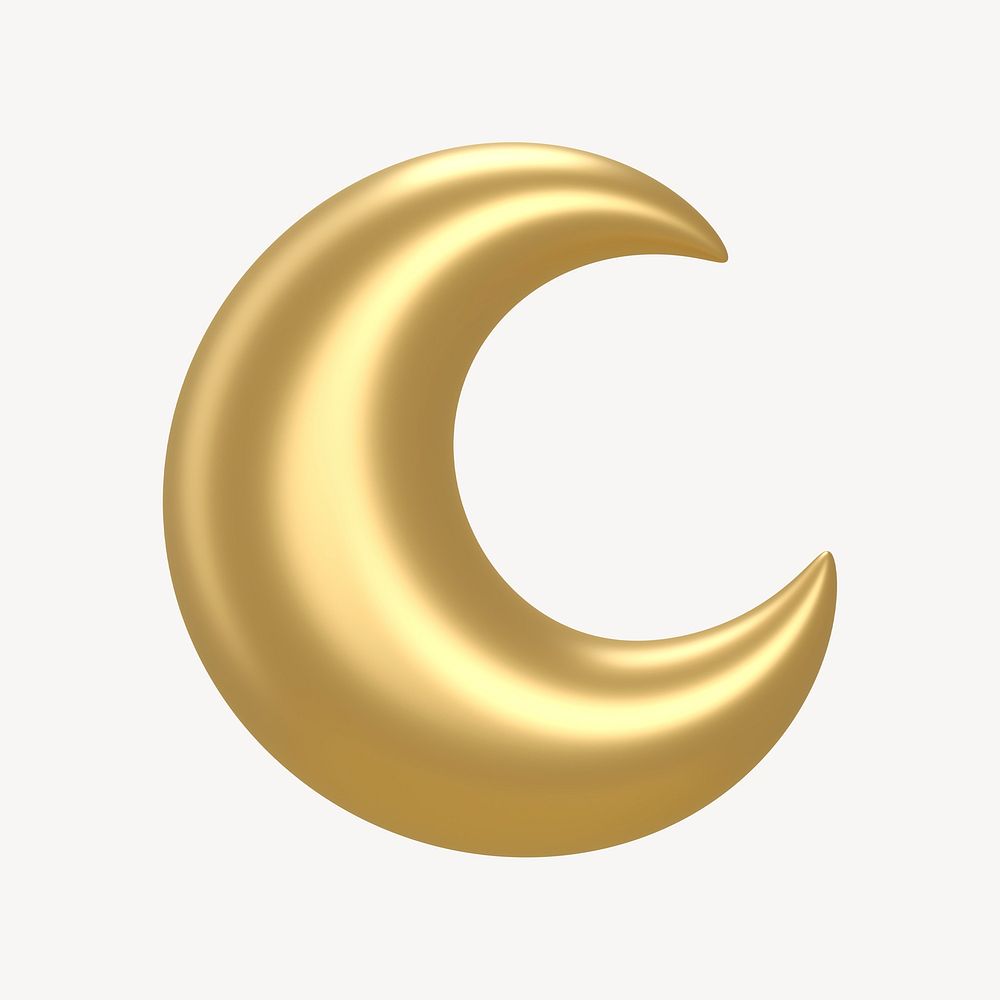Gold crescent moon icon, 3D rendering illustration