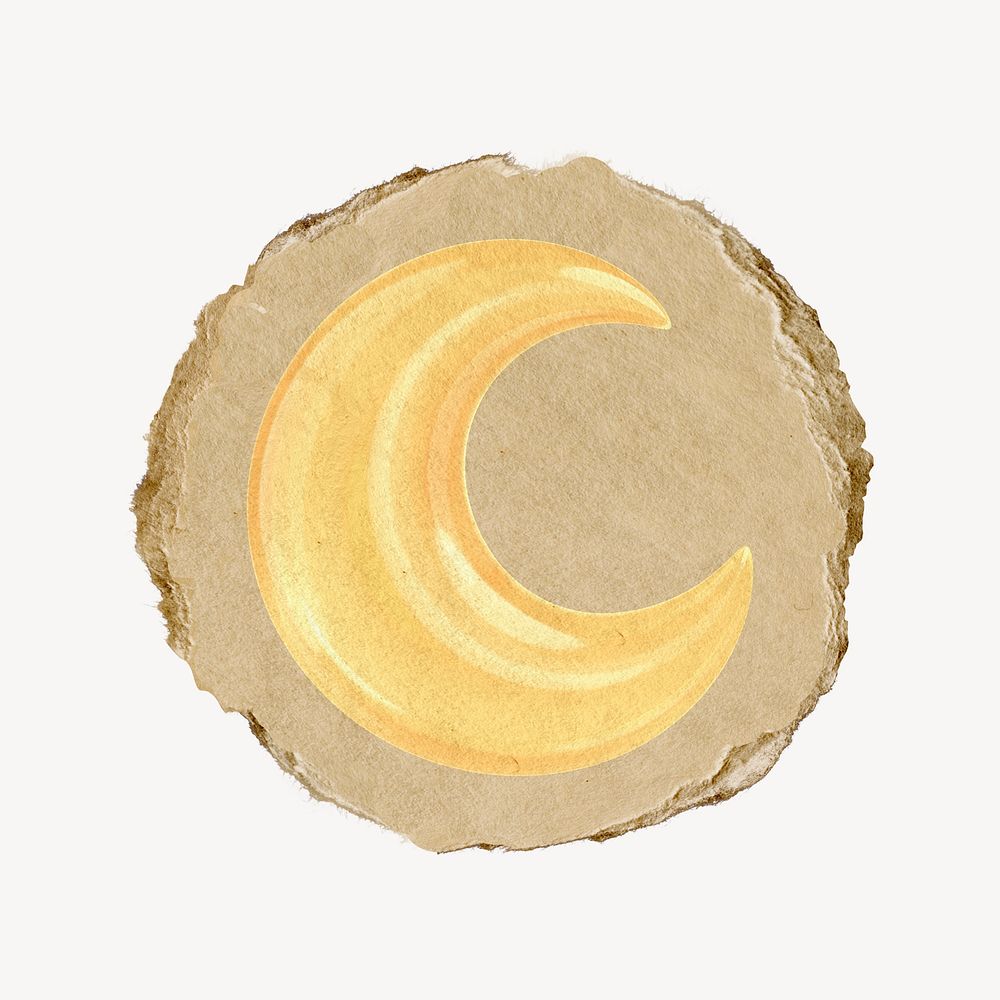 Crescent moon icon, ripped paper badge