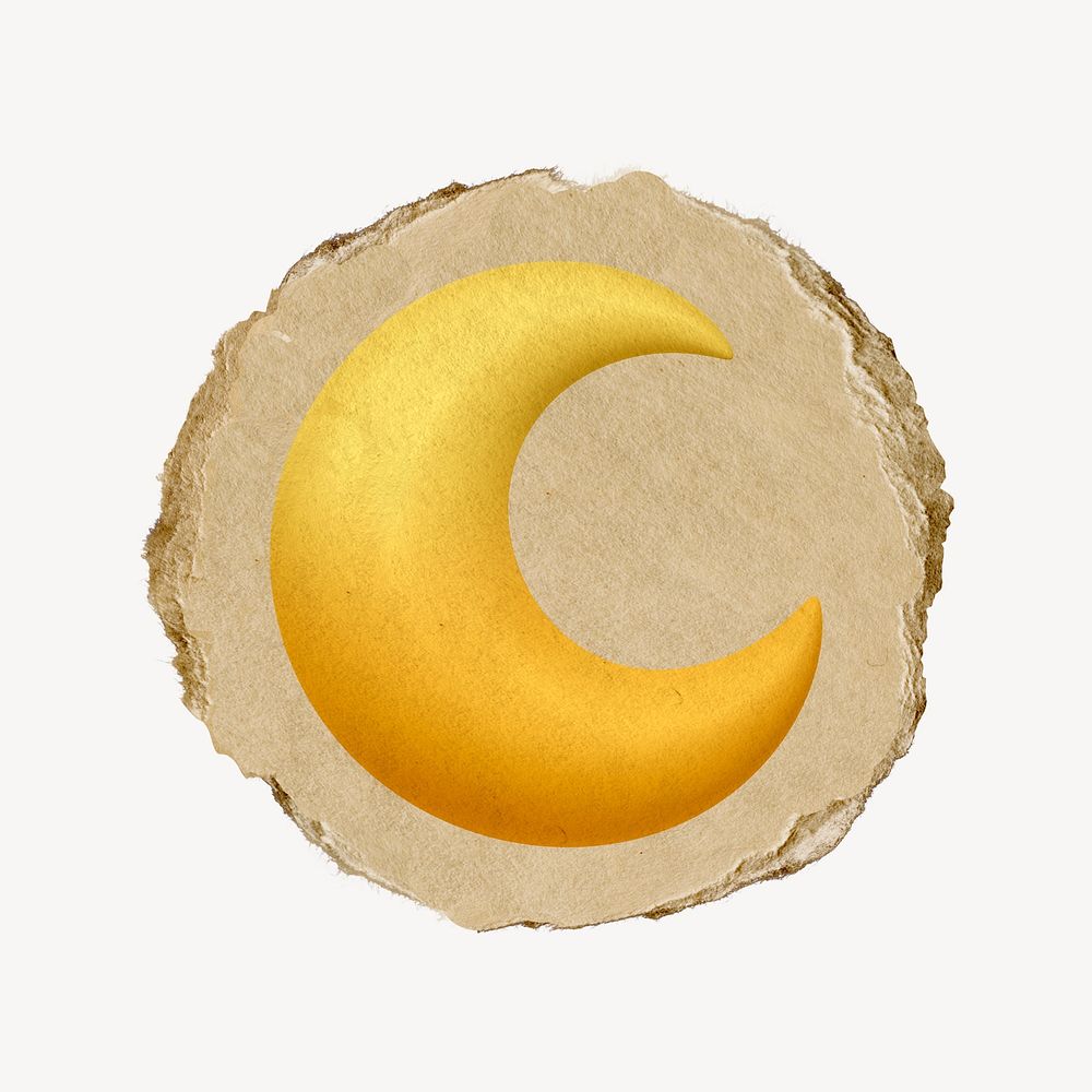 Crescent moon icon, ripped paper badge