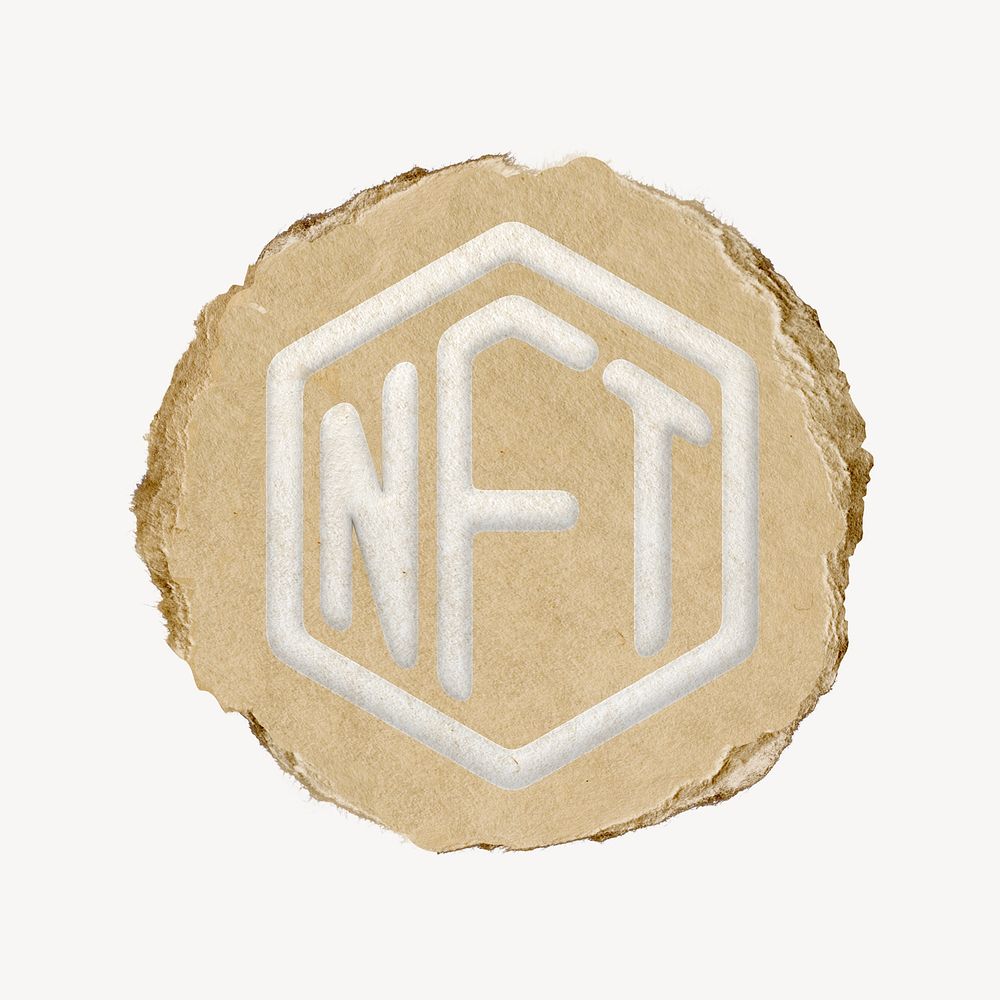 NFT blockchain icon, ripped paper badge