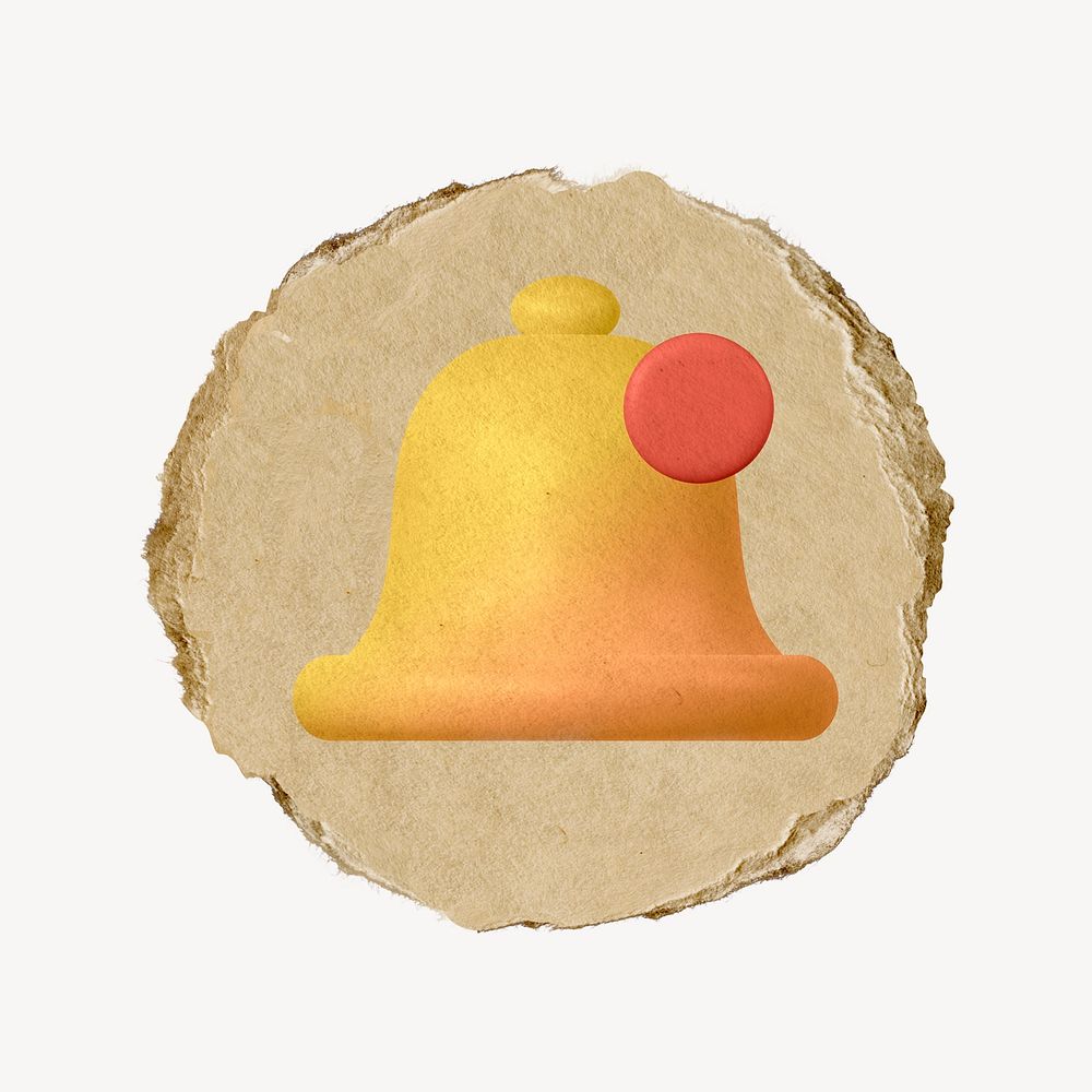 Bell, notification icon sticker, ripped paper badge psd