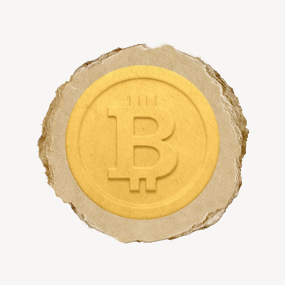 Bitcoin, cryptocurrency icon sticker, ripped paper badge psd