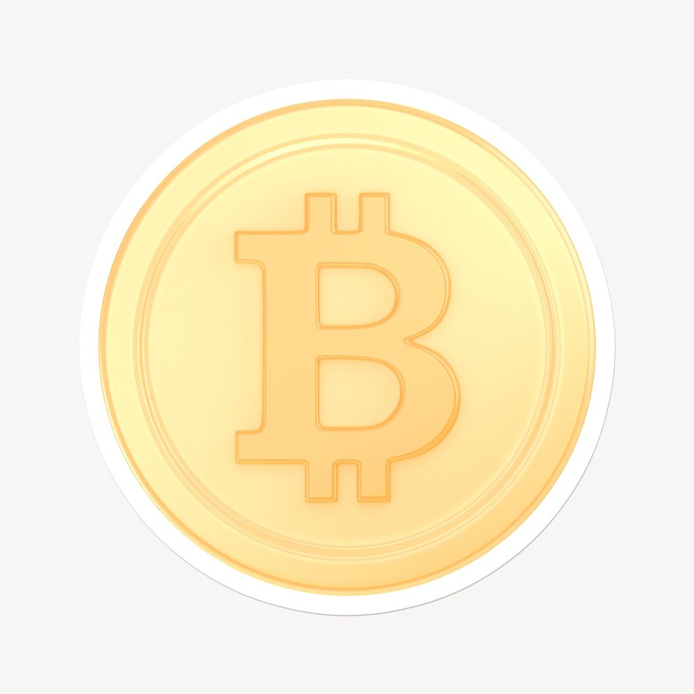 Gold bitcoin, cryptocurrency icon sticker with white border