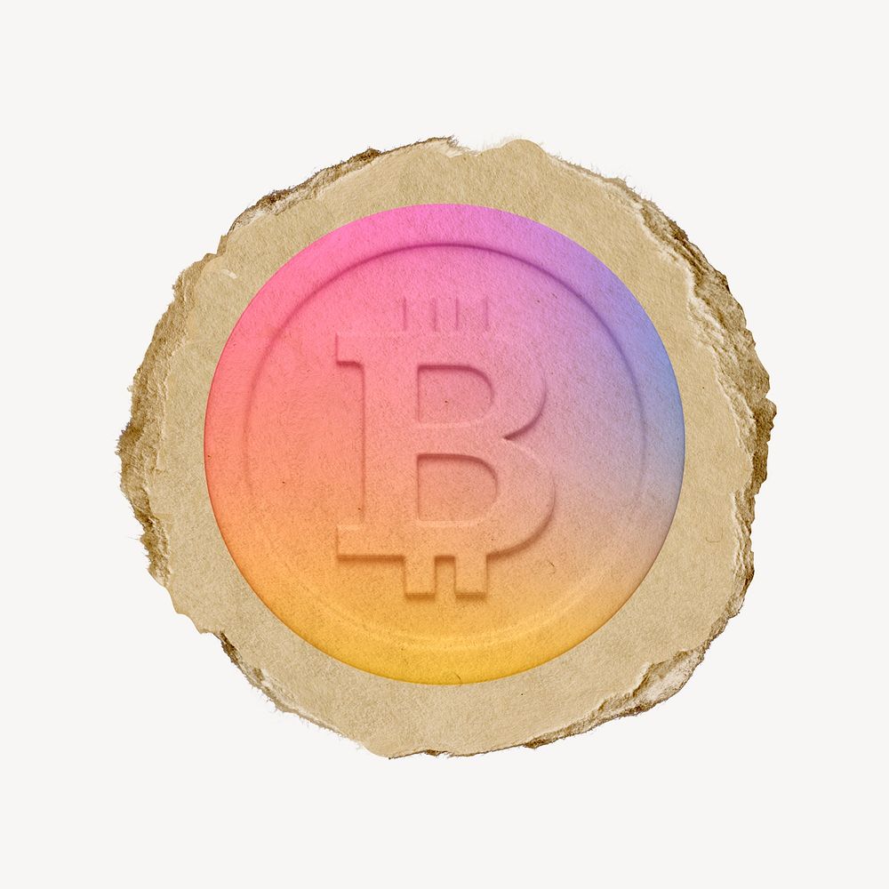 Colorful bitcoin, cryptocurrency icon, ripped paper badge