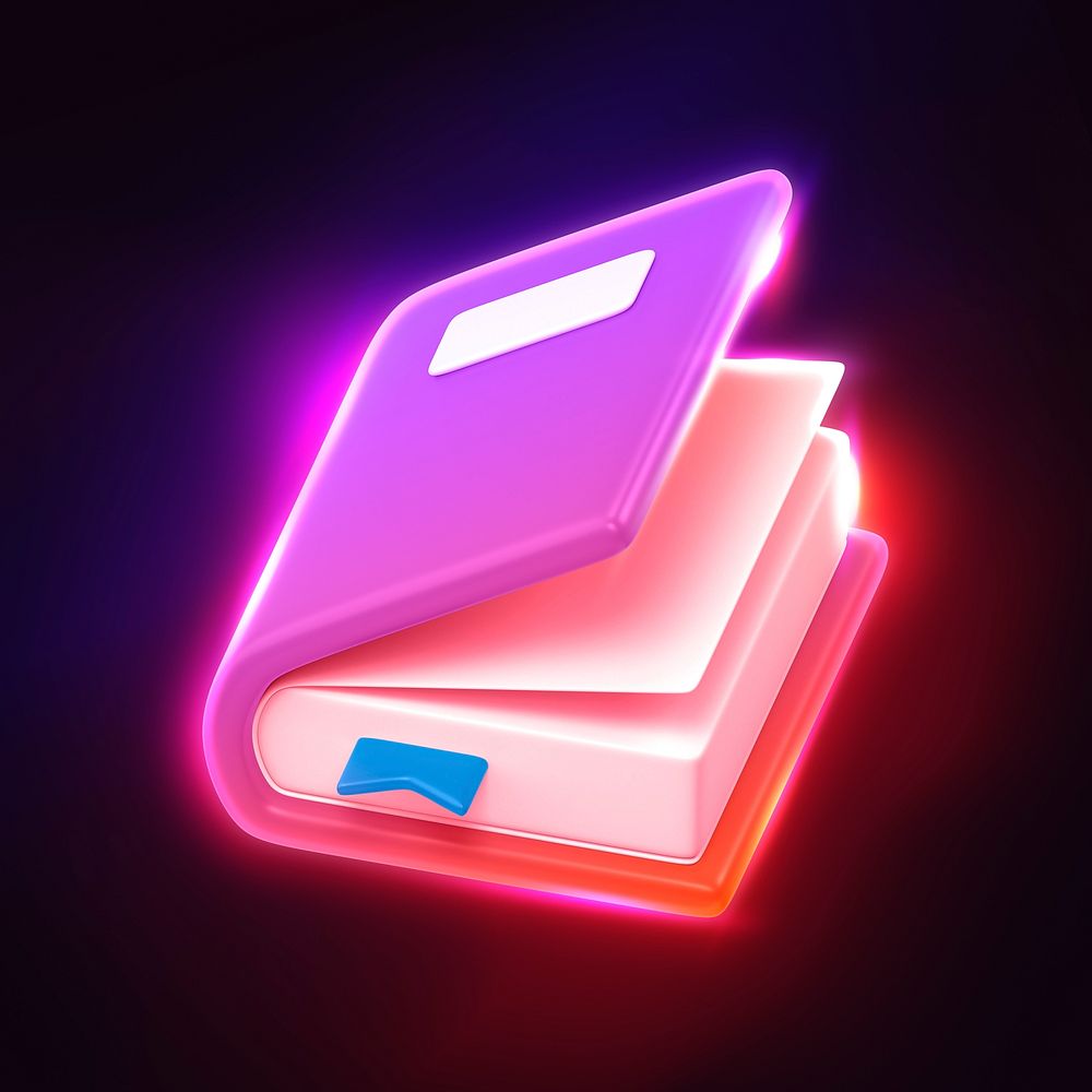 Neon book, education icon, 3D rendering illustration
