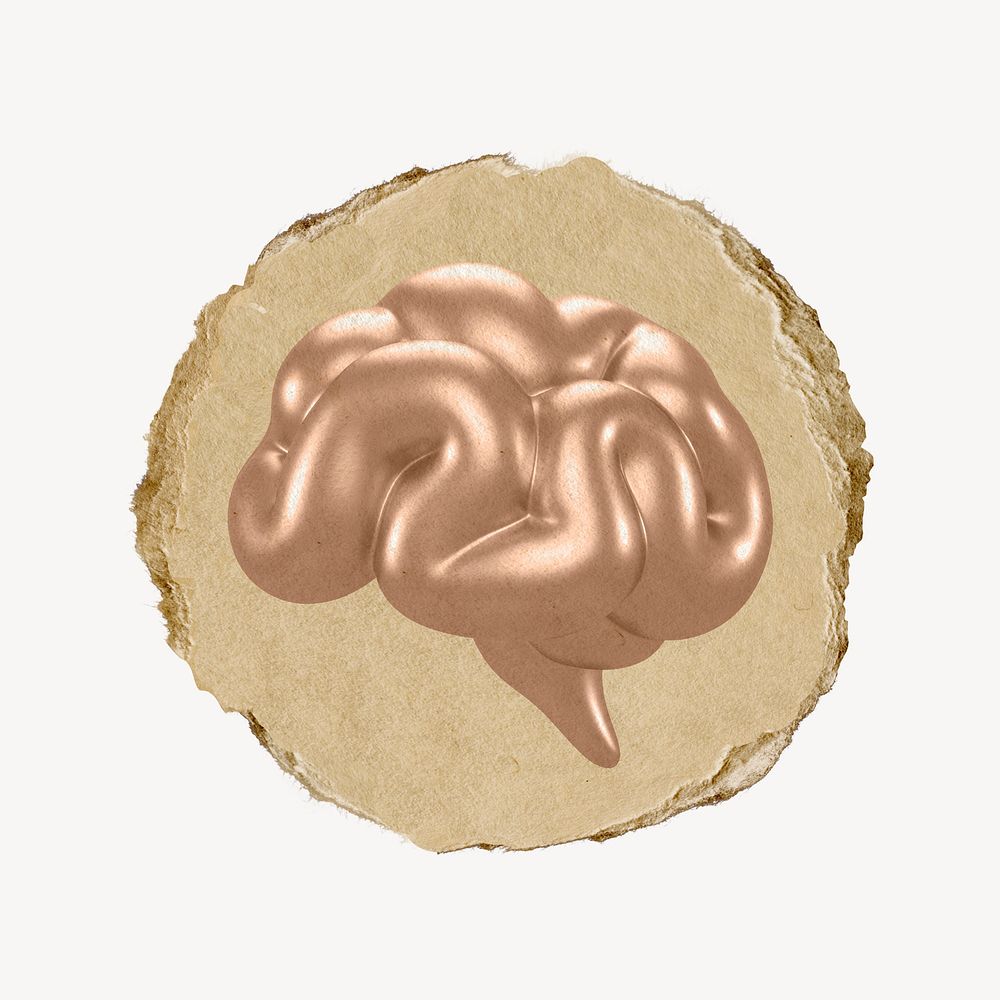 Human brain icon, ripped paper badge
