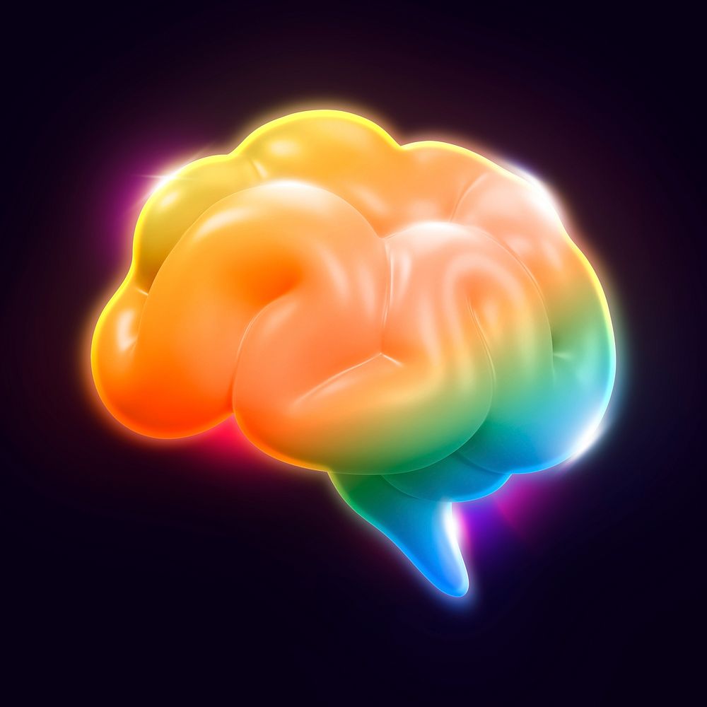 Neon rainbow brain icon, 3D rendering illustration