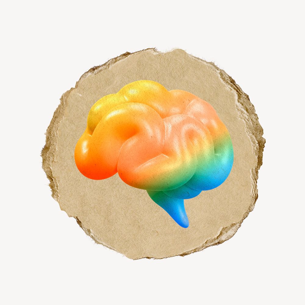 Rainbow brain icon, ripped paper badge