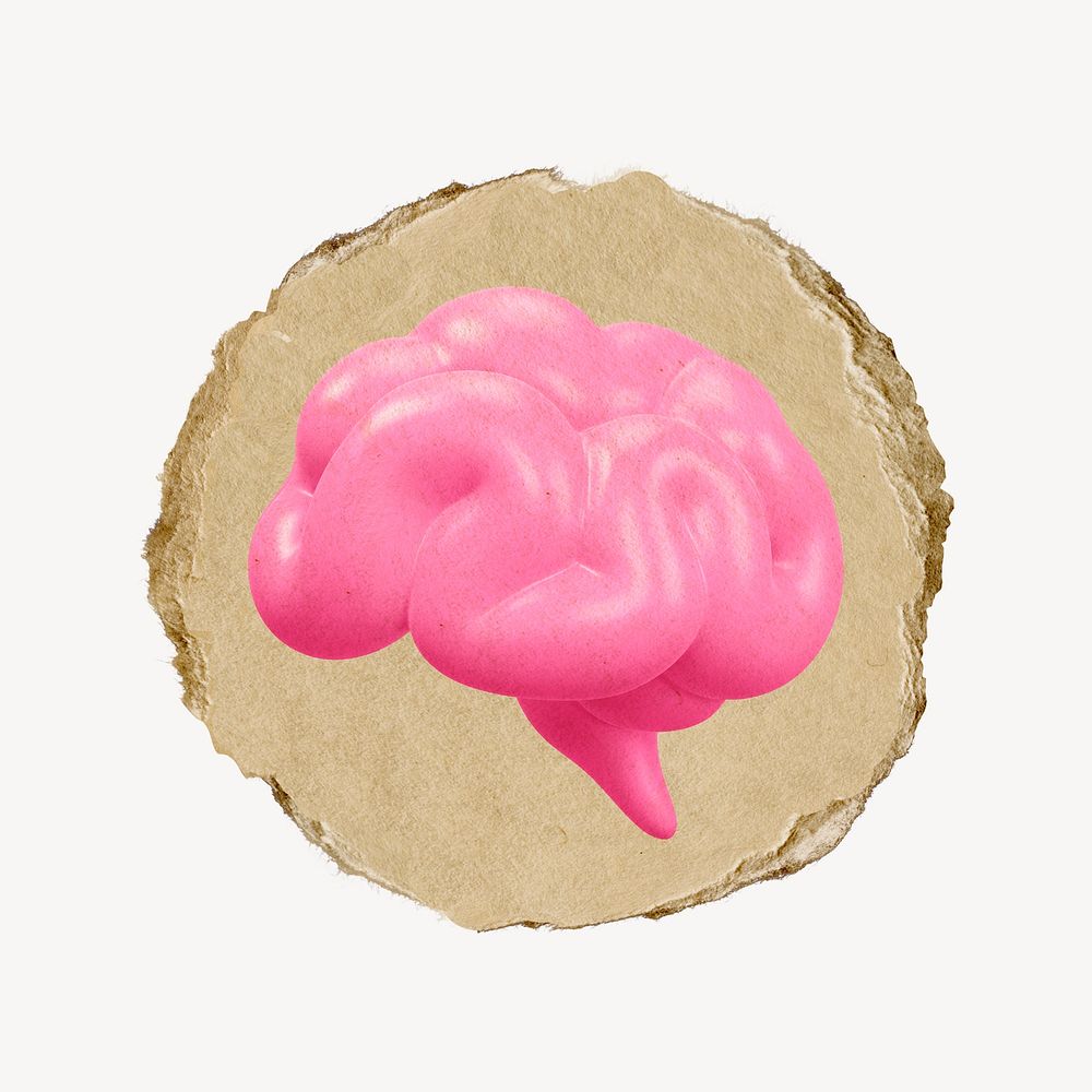 Human brain icon, ripped paper badge