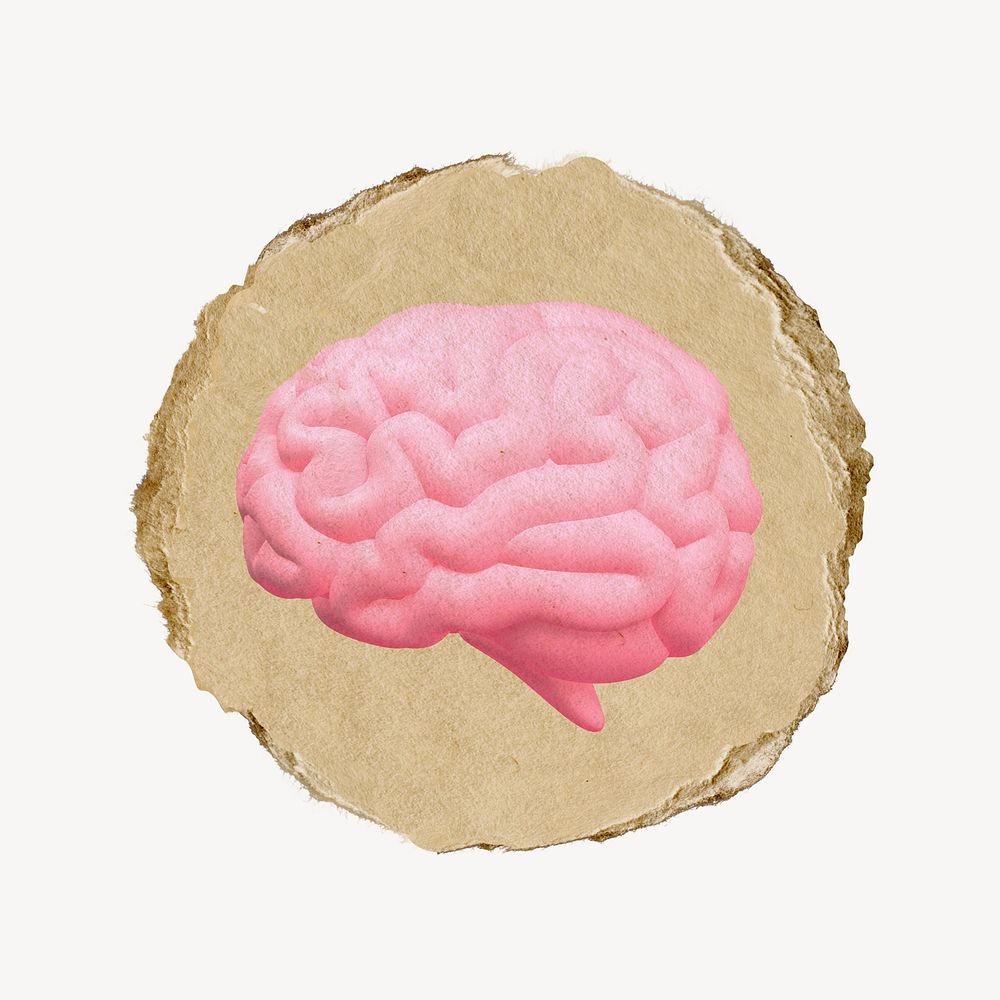 Human brain icon sticker, ripped paper badge psd