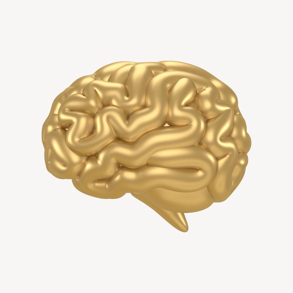 Gold brain icon, 3D rendering illustration