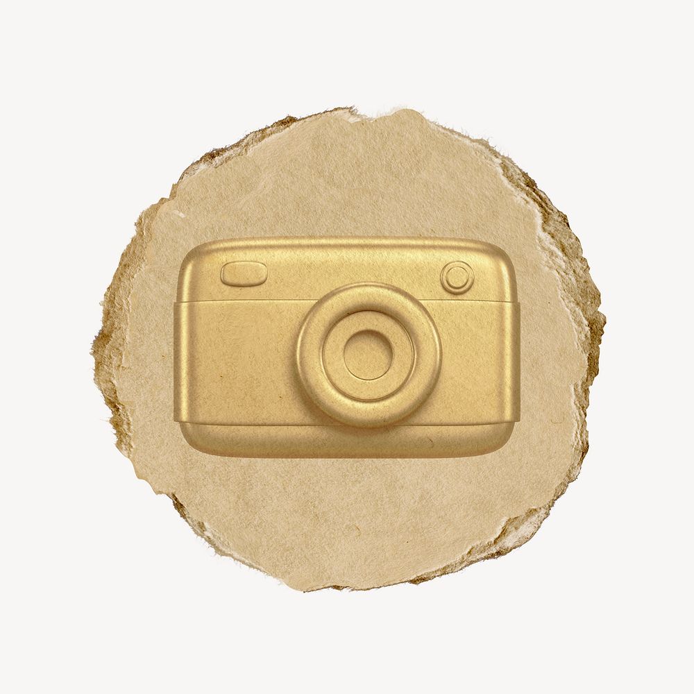 Camera roll icon sticker, ripped paper badge, gold psd