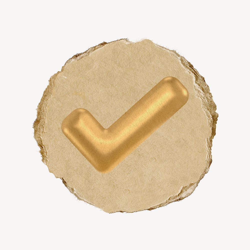Tick mark icon, gold sticker, ripped paper badge psd