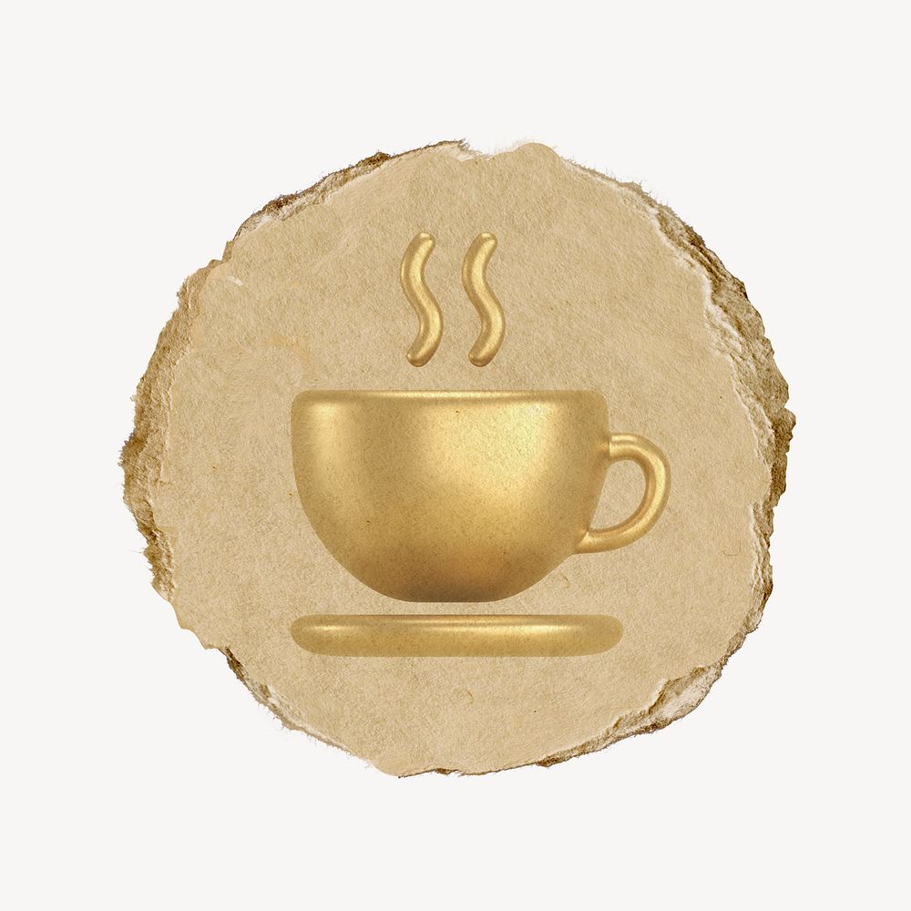 Coffee mug, cafe icon, ripped paper badge