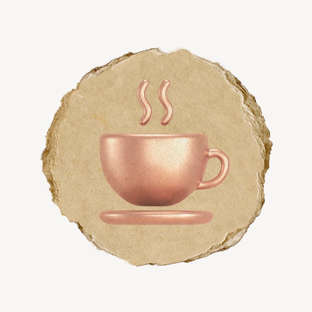 Coffee mug, cafe icon, ripped paper badge, rose gold design