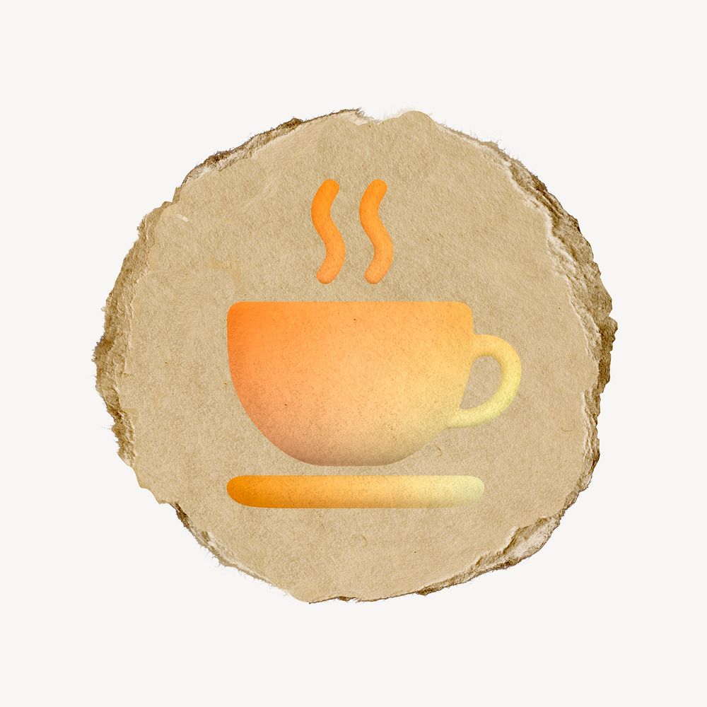 Coffee mug, cafe icon, ripped paper badge
