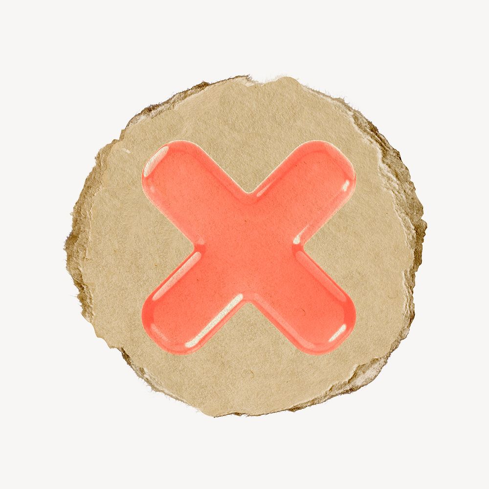X mark icon, ripped paper badge