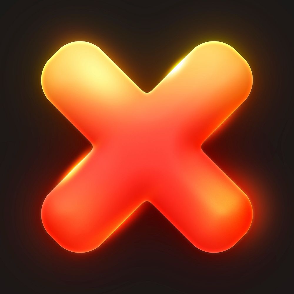 X mark icon, neon 3D rendering illustration