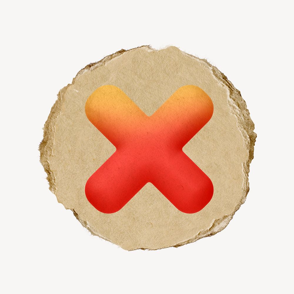 X mark icon sticker, ripped paper badge psd