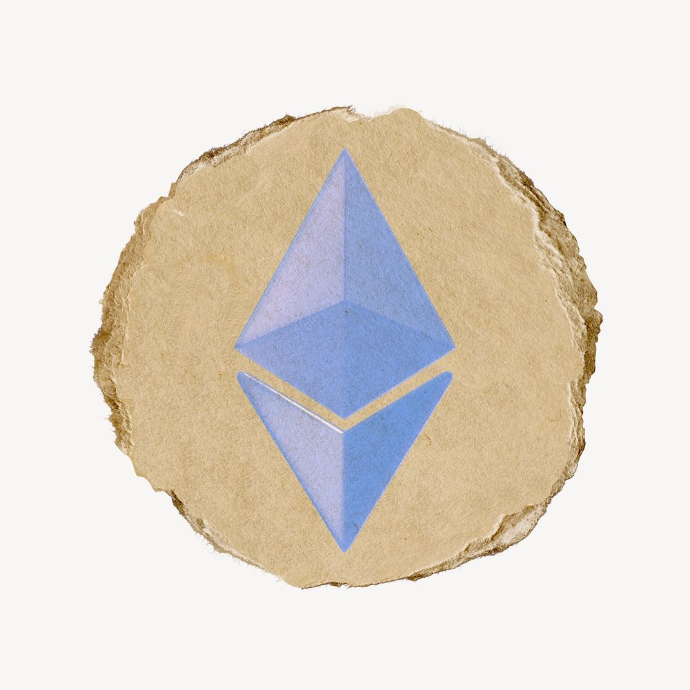 Ethereum blockchain icon sticker, ripped paper badge psd