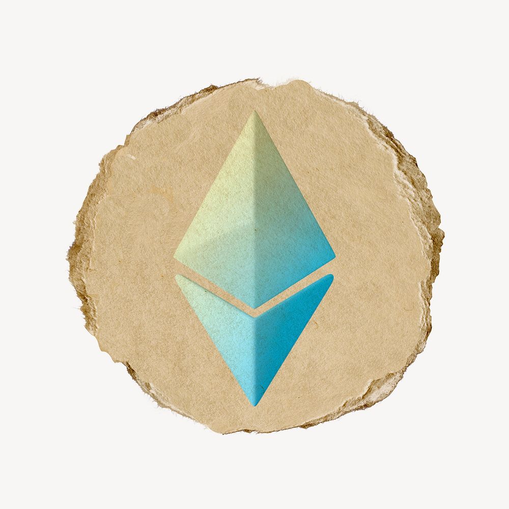 Ethereum blockchain icon, ripped paper badge