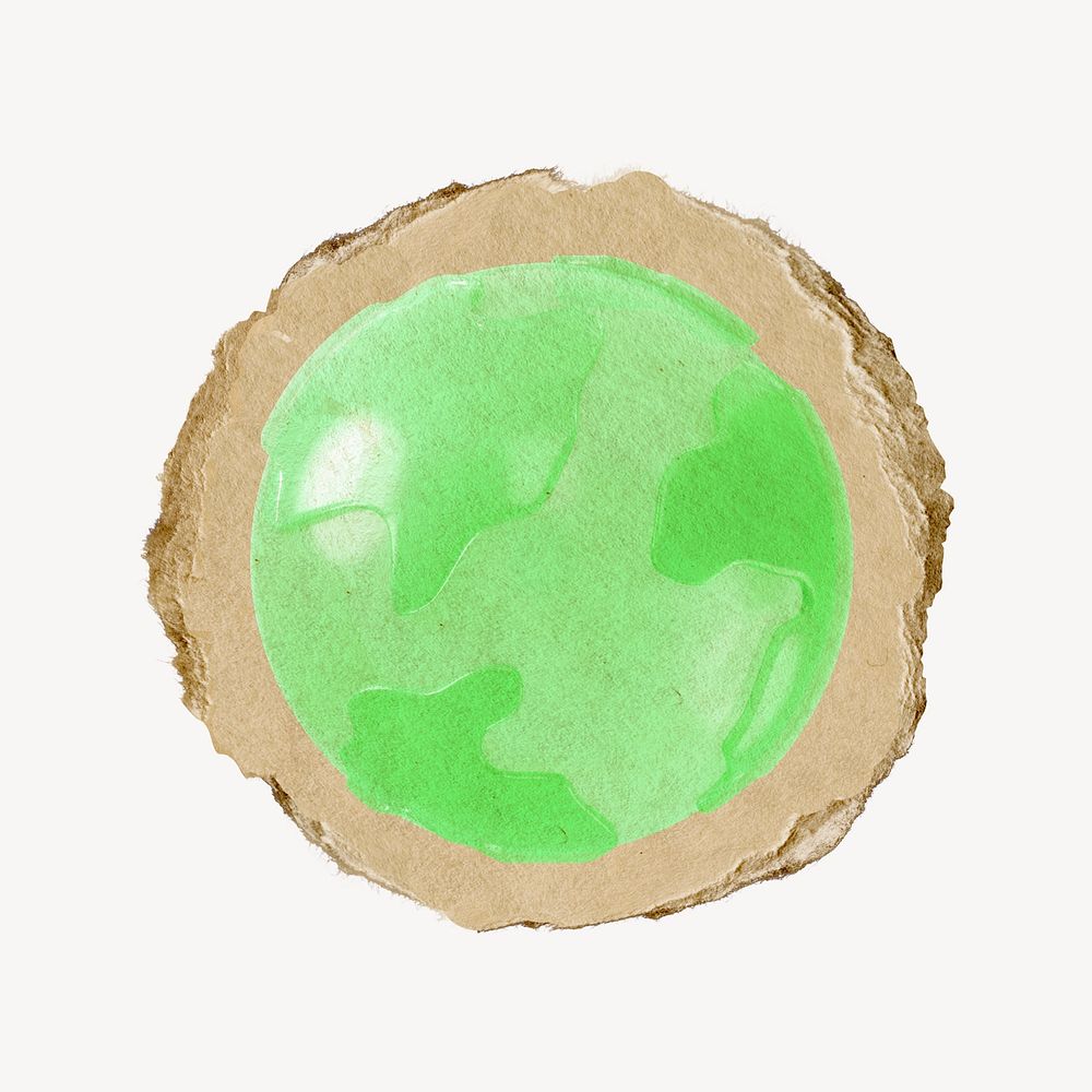 Globe, environment icon sticker, ripped paper badge psd