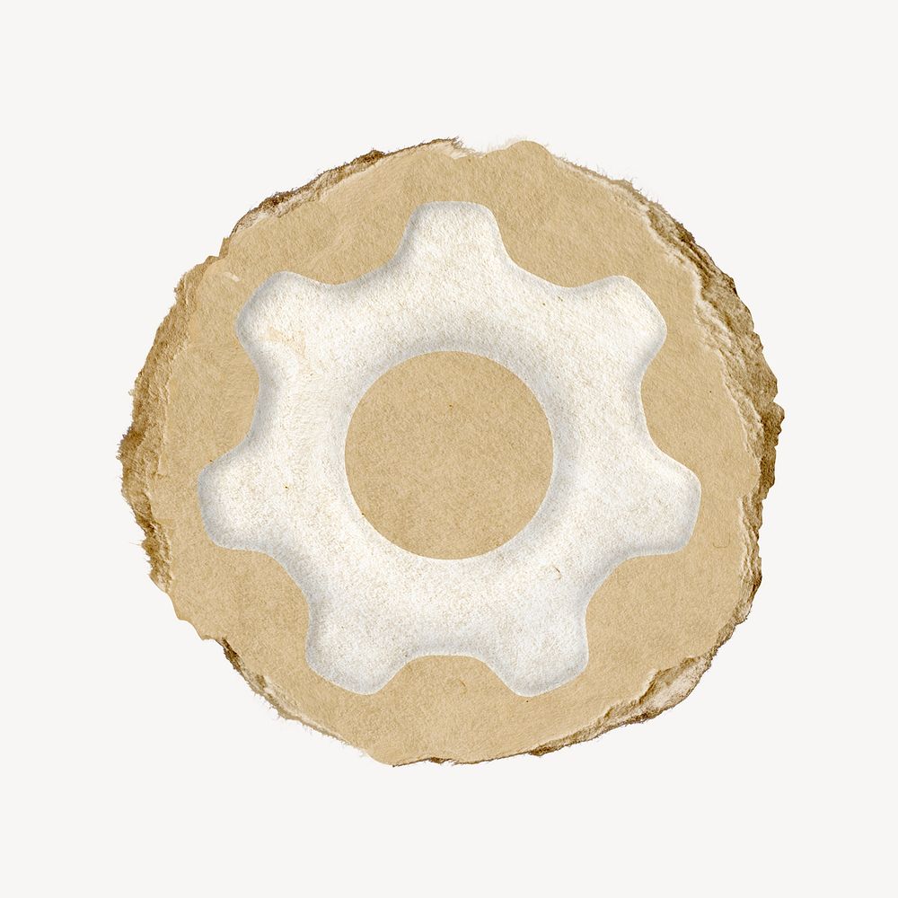 Cog, setting icon sticker, ripped paper badge psd