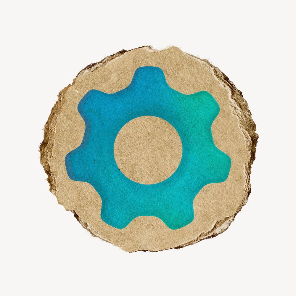 Cog, setting icon, ripped paper badge