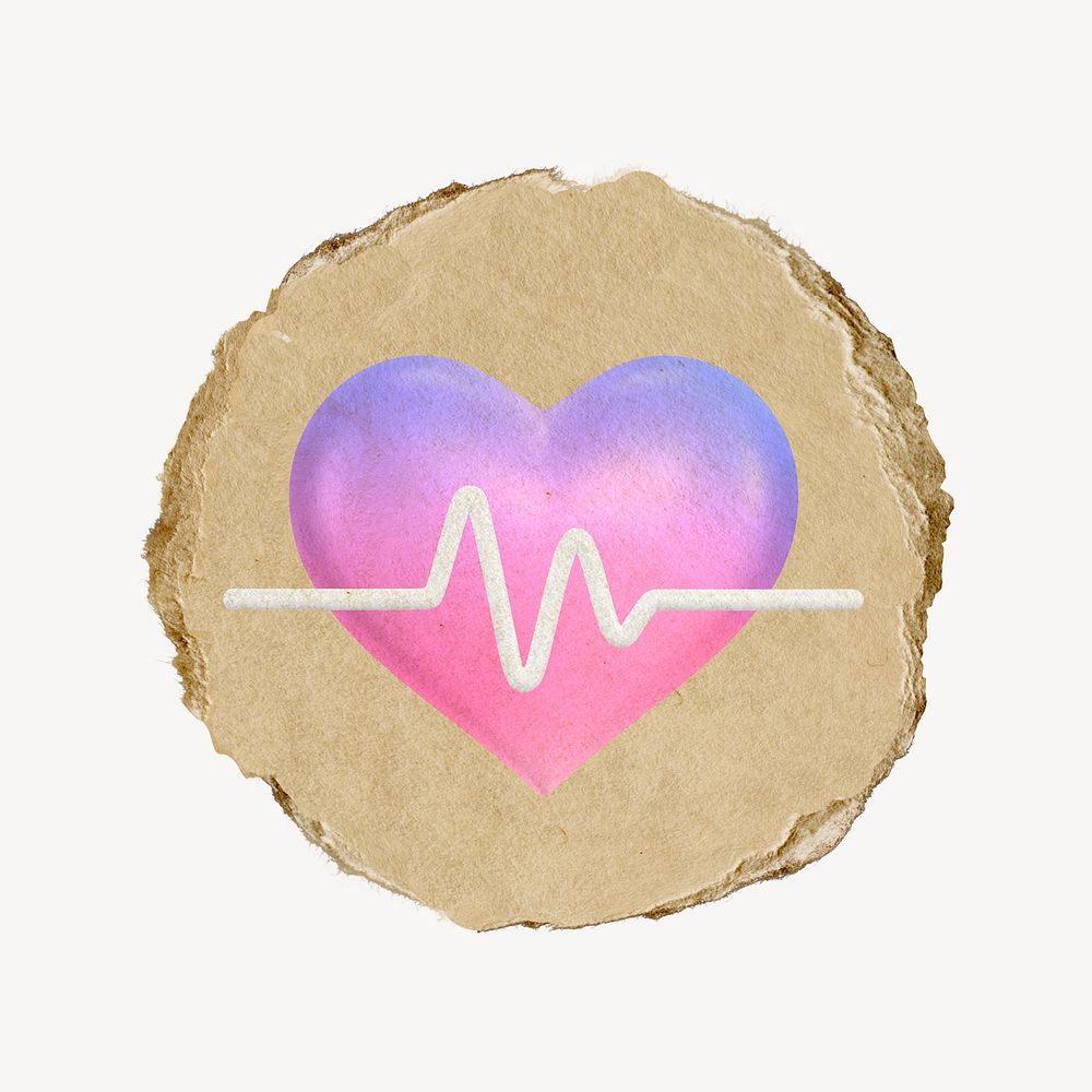 Heartbeat, health icon sticker, ripped paper badge psd