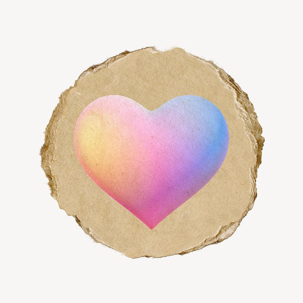Gradient heart, health icon sticker, ripped paper badge psd