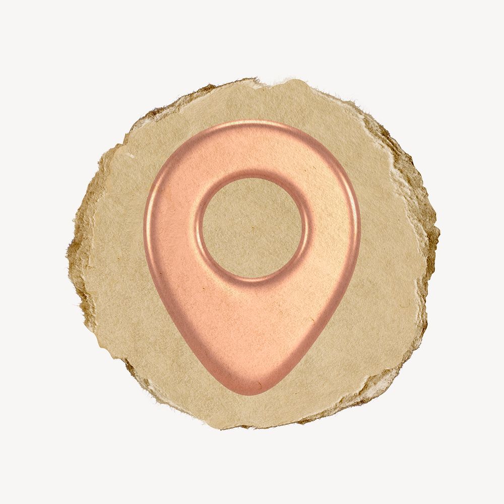 Location pin icon, rose gold sticker, ripped paper badge psd