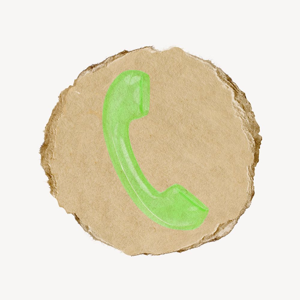 Telephone, contact icon sticker, ripped paper badge psd