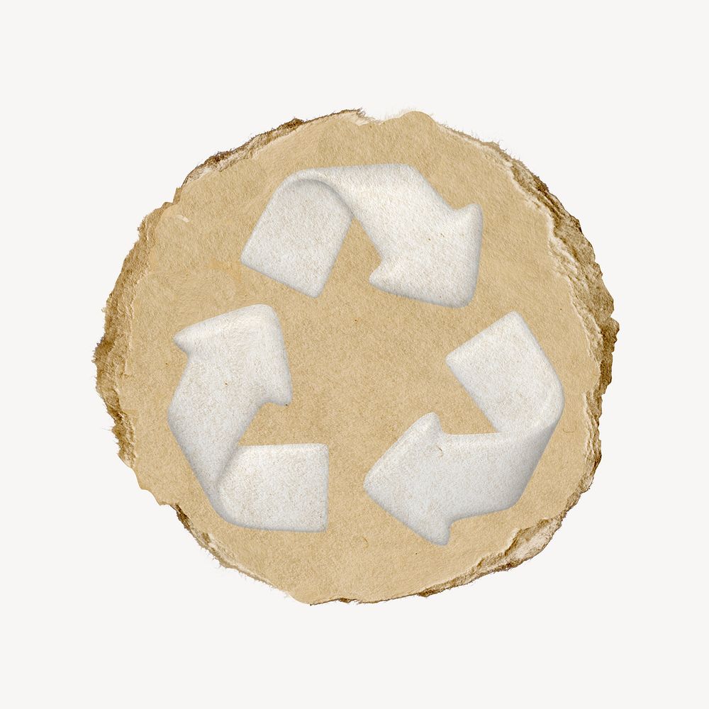 White recycle symbol, environment icon, ripped paper badge
