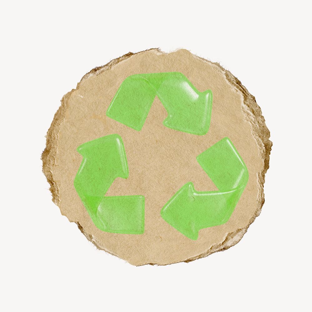 Green recycle, environment icon sticker, ripped paper badge psd