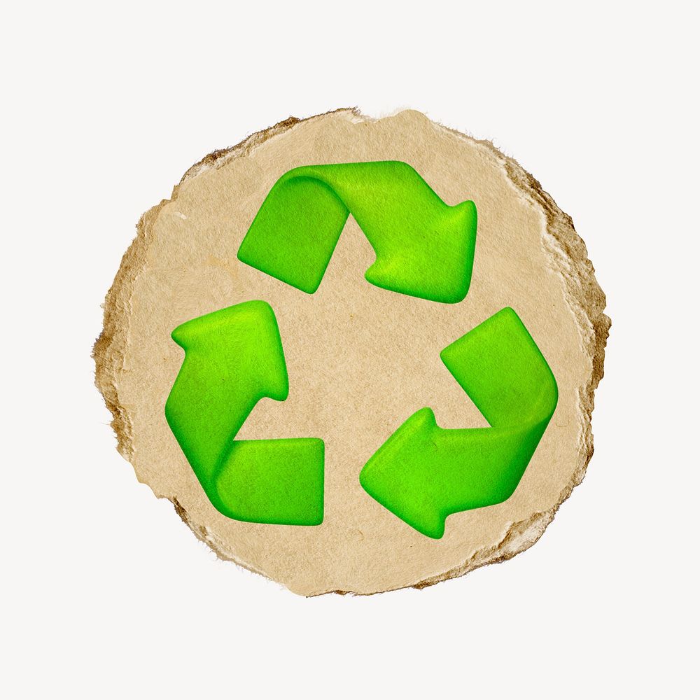 Recycle, environment icon sticker, ripped paper badge psd