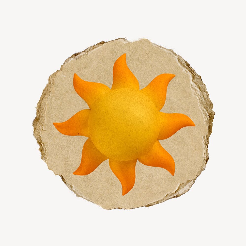 Sun, weather icon sticker, ripped paper badge psd