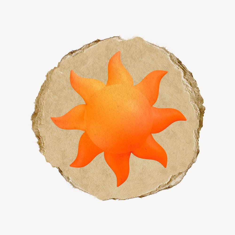 Sun, weather icon sticker, ripped paper badge psd