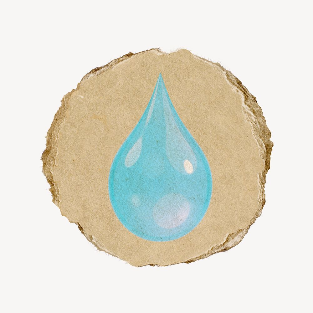 Water drop, environment icon sticker, ripped paper badge psd