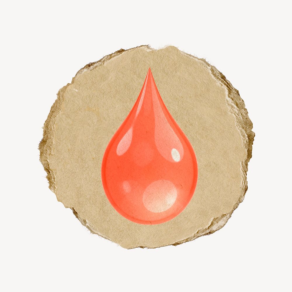 Blood drop, health icon sticker, ripped paper badge psd