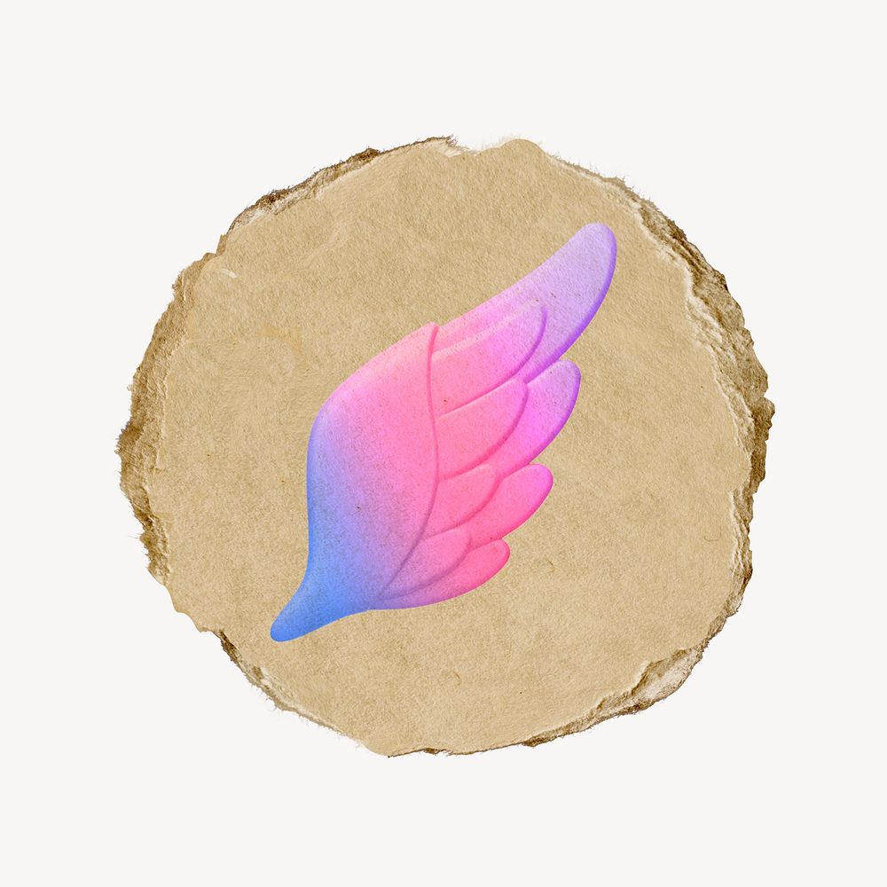 Gradient angel wing icon, ripped paper badge